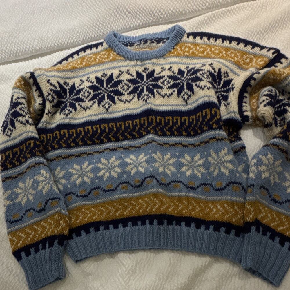 Men’s Blue/Cream/Yellow Fair Isle knit crew neck pullover sweater long sleeve